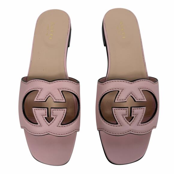 Gucci Interlocking G Cutout Leather Slide Flat Sandal Pink Size 37.5 - Picture 3 of 11